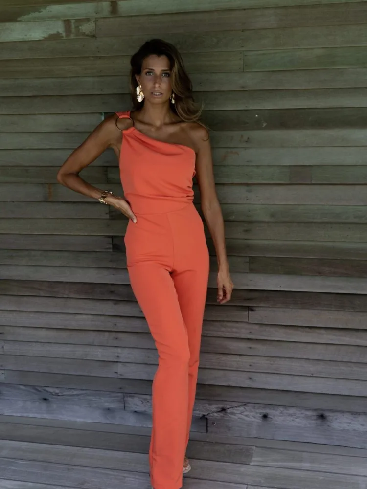 

Summer Jumpsuit Women 2024 Solid Color Patchwork Diagonal Neck Sexy Sleeveless Black Jumpsuit New Elegant One Piece Clothing