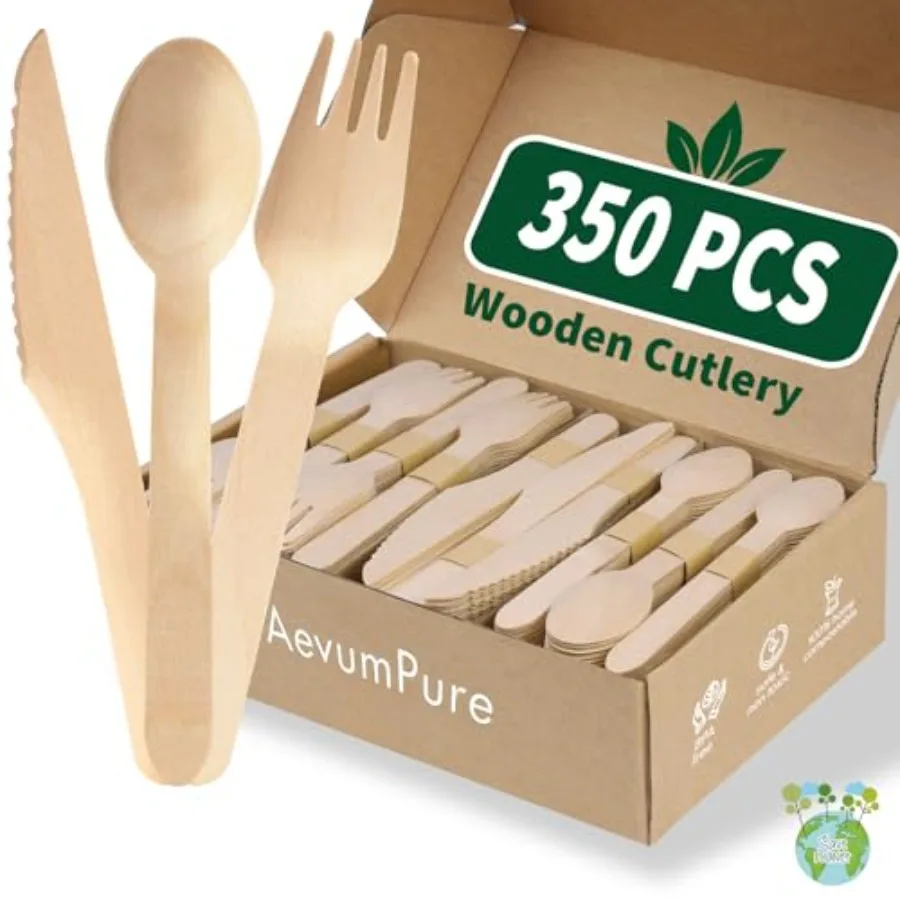 

350 Pieces Compostable Wooden Cutlery Set - Disposable Wood Utensils 140 Forks, 105 Spoons, 105 Knives -Bamboo Silverware And P