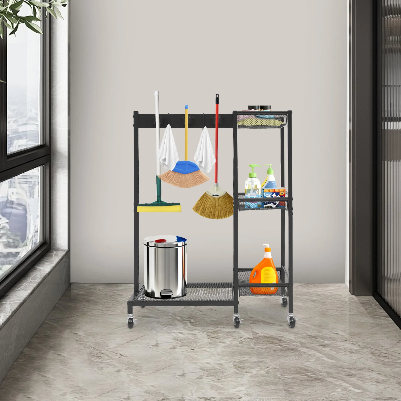 

Cleaning Trolley Cleaning Tool Rack Cleaning Trolley with Broom and Mop Holder Mobile Cleaning Trolley with Storage Space