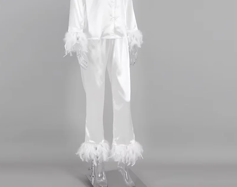 

Spring Autumn Female Pajamas Trouser Set Luxury Feather Pink Bride Wedding Sleepwear Gift Sexy Loose Satin Home Wear Loungewear