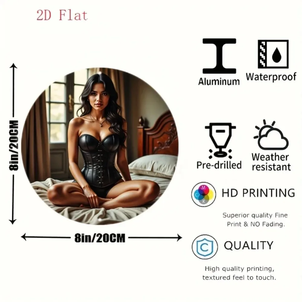 Vintage Retro Pin Up Girl Metal Wall Art - 2D Round Aluminum Decor, Black Lingerie Nude Tone, 1940s 50s for Café Cave Room