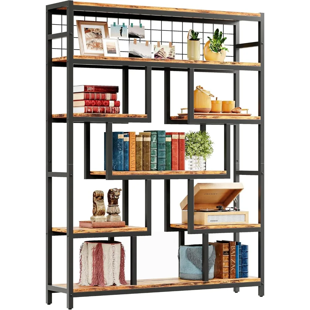 Bookshelf and Bookcase 6-Tier 55 in Large Etagere Bookcase, Industrial Open Display Shelves Geometric Bookcase with Sturd