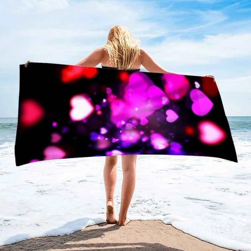 Shiny Multicolor Glowing Heart Beach Towel Sparkly Bokeh Black Background Quick Dry Towel Romantic Print Holiday Towel