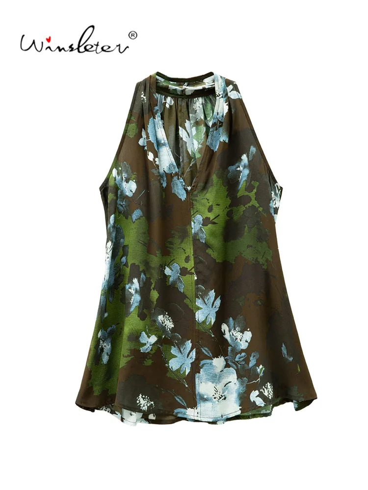 Winsleter-100%Real Silk Double Crepe Elegant T-Shirt, V Neck Sleeveless Print, Women OL Korean Loose Top, 2026 Summer T68402CC
