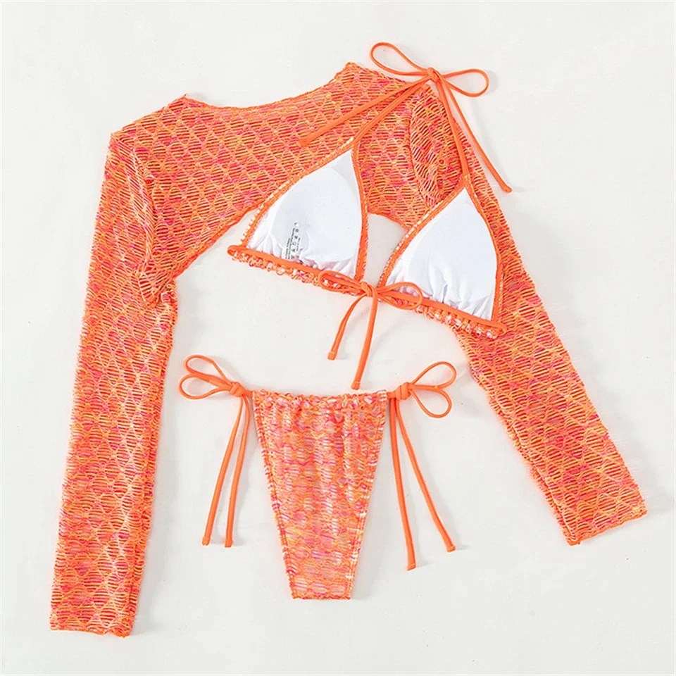 3 Pieces Lace Up Triangle Thong Bikini 2024 Women With Cover Up Swimsuit Female Swimwear Bathing Swimming Suit Beachwear Summer