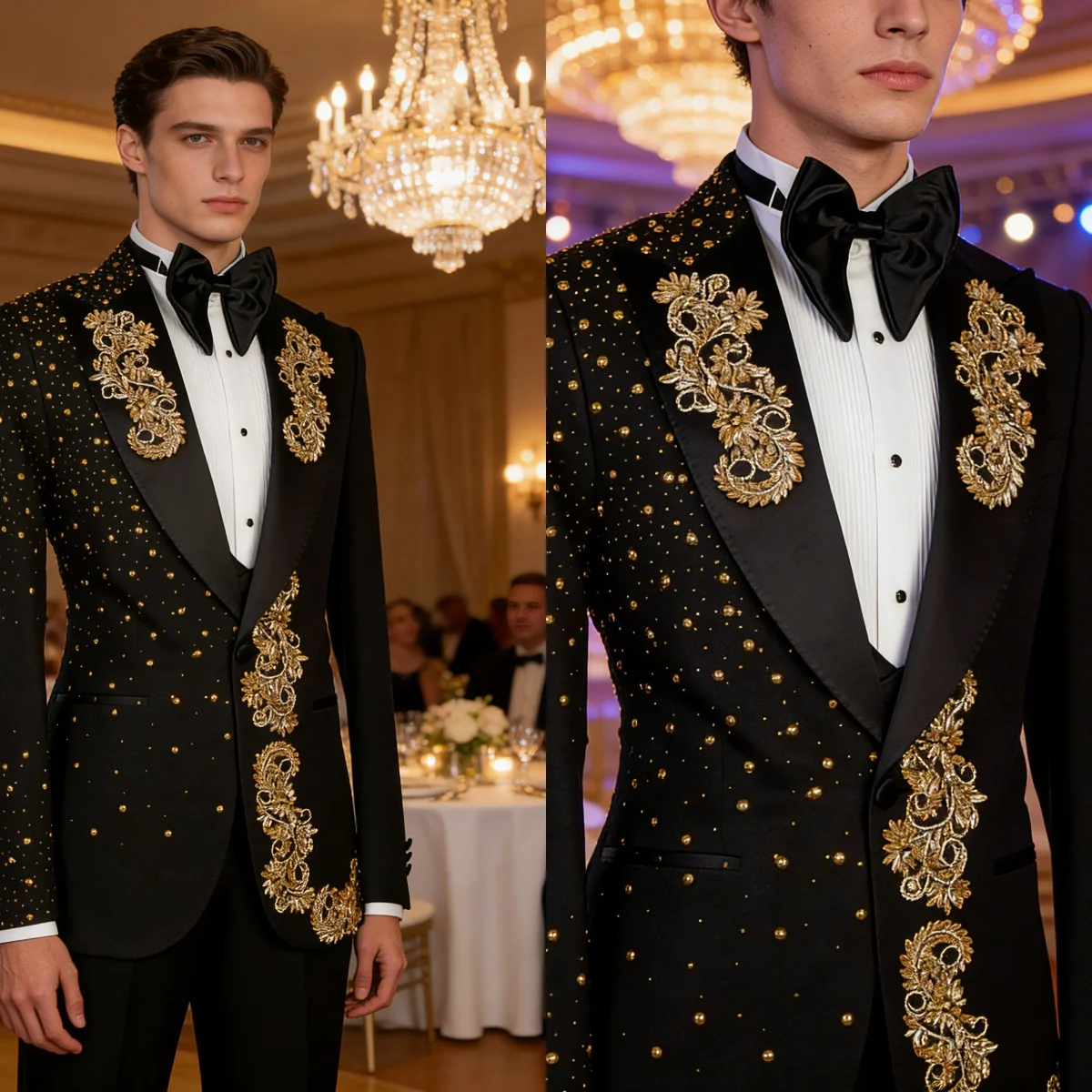Luxury Wedding Tuxedos Beaded Crystal 2 Piece Set Jacket Pants Men Suit Exquisite Peaked Lapel Groom Business Blazers Customized