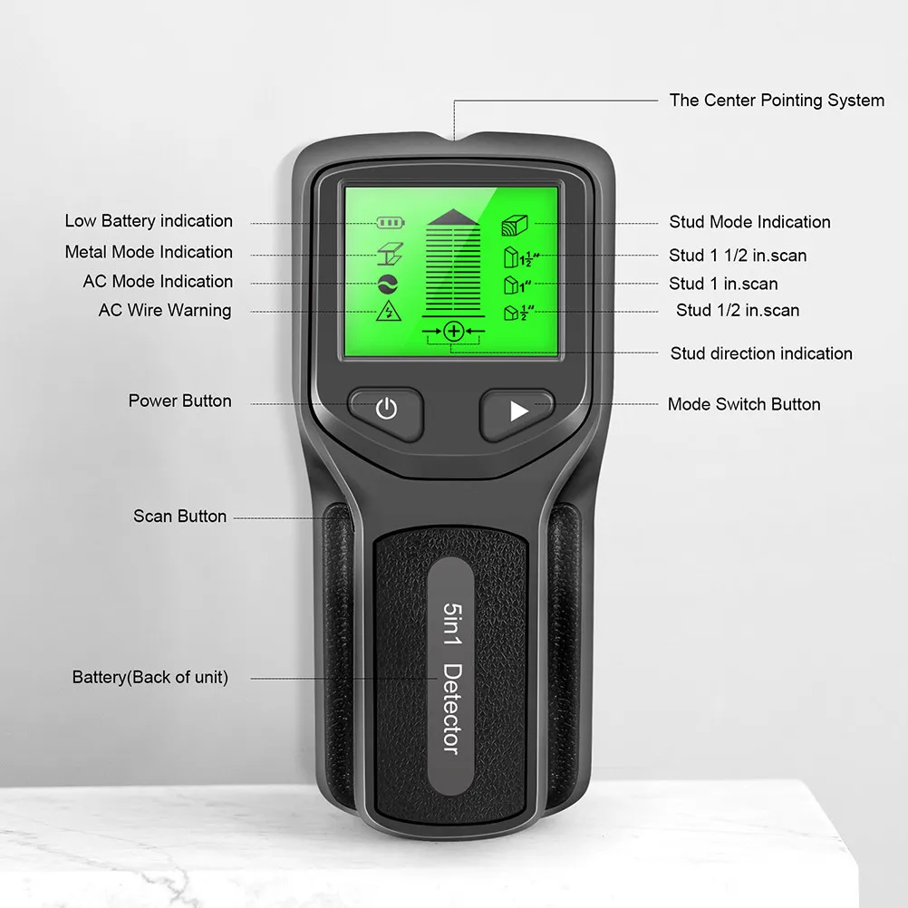 

5 in 1 Wall Scanner Wood Metal with LCD Display Compact Handheld Slip Design for Studs Wires Finding Electronic