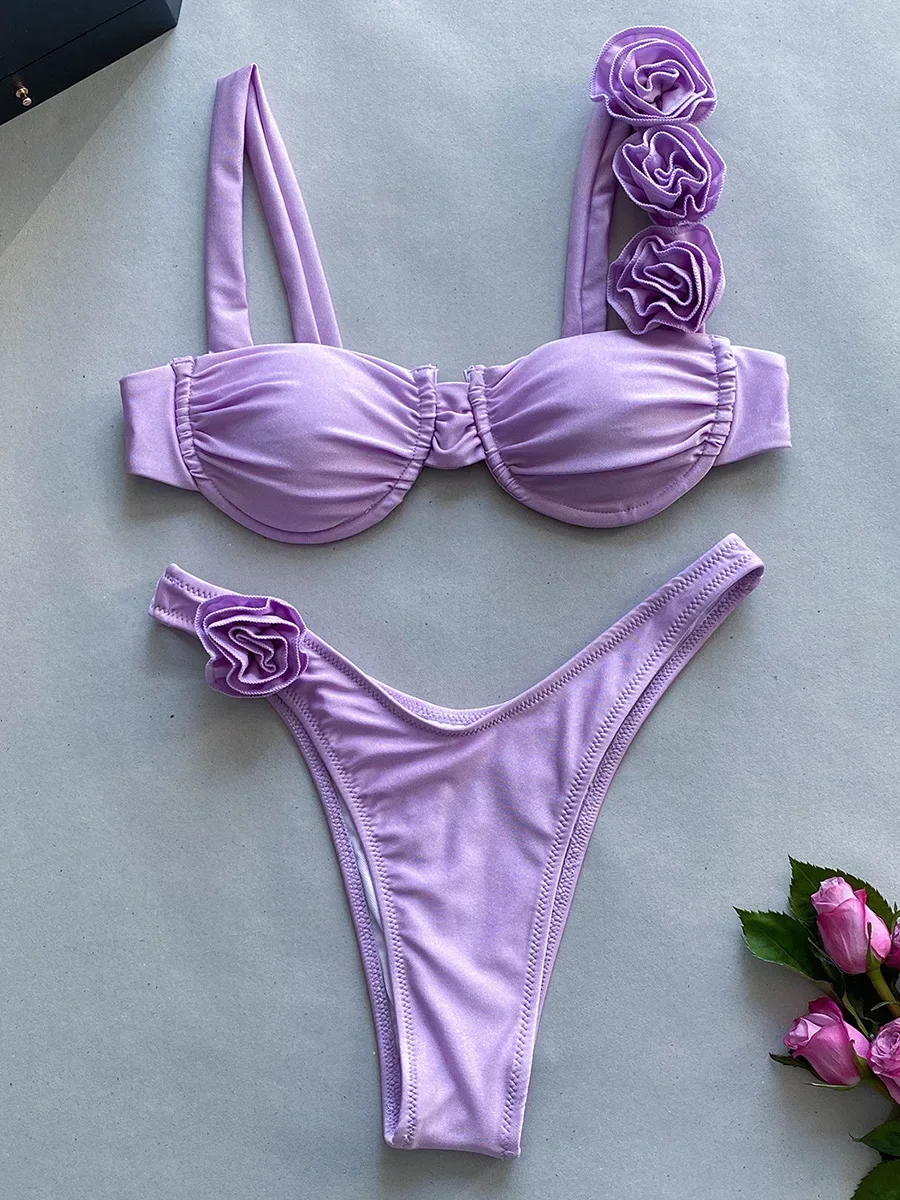 3D Flowers Underwired Brazilian Bikini Women Thong Swimwear Female Swimsuit Two-pieces Bikini Set Push Up Bathing Suit Swim