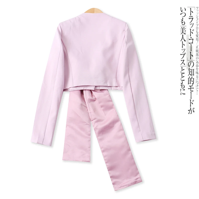 

Pink Satin Slim Fit Long Sve Knot ort Outerwear Faionable Versatile Women's Spring New Sle Tailored Jaet