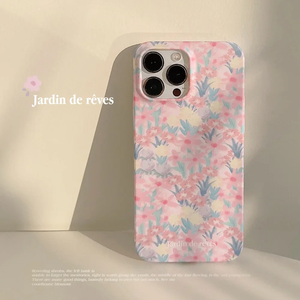 Fairy garden Pink Flower Sea oil painting art Phone Case For iPhone 16 15 14 13 12 Pro Max Xr 15 14 Plus Case Cute cartoon Cover