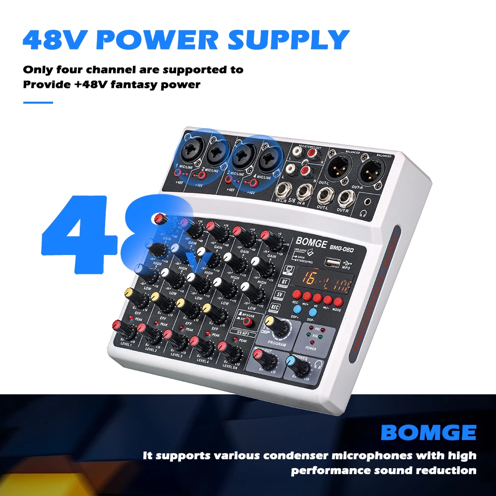 BOMGE Mixer audio wireless a 6 canali Console di missaggio portatile Interfaccia USB Scheda audio con 16 DSP Echo 48V Phantom Power