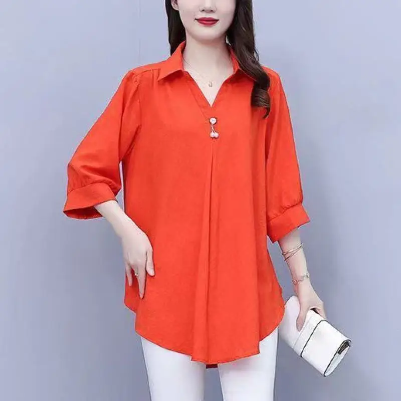 Women Summer Office Lady Elegant Loose Large Size Appear Thin Solid Color Slash Neck 3/4 Sleeve Shirts Ladies Casual Trend Tops