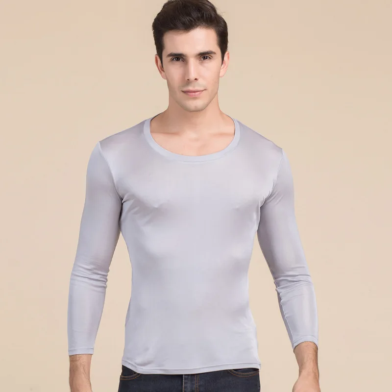 

Spring new middle-aged men silk crewneck long sleeve T-shirt mulberry silk double-sided knit undershirt plus size top