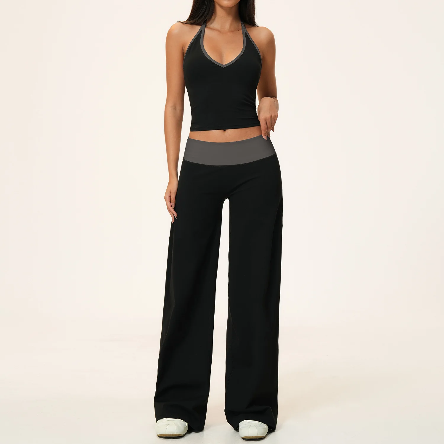 Women 2 Pieces Fitness Sports Set Yoga Outfit Sling Straps Deep V Neck Bra Woman Loose Wide Leg Pants Color Block Gym Suits