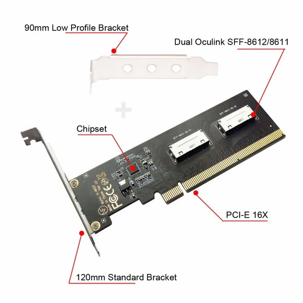 

PCIE3.0 4.0 PCI-Express 16x to Dual Oculink SFF-8611 SFF-8612 8x VROC Adapter for Mainboard SSD Graphics Card