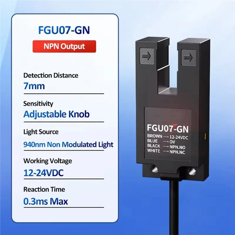 abkq-fgu07-gn-u型スロット式光電センサー（ポテンショメーター調整機能付き、7mm）。透明または不透明なシーリングフィルムの検出に使用。