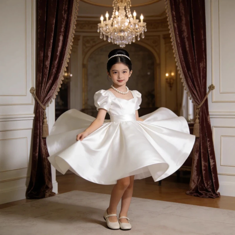 Satin Children Flower Girl Birthday Princess Host Outfit Pageant Formal Celebration Clothes Dress Girls Piano Performance Gown