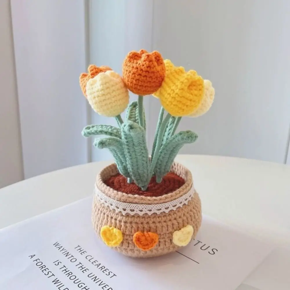 Handmade Tulip Potted Flower Bundle Decoration DIY Crochet Material Bag Self Made Decoration