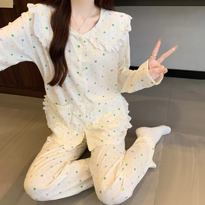 Spring and Autumn New Heart Girl Style Pajamas, Long Sleeve and Pants, Cloud Cotton Lace, Skin-Friendly Cardigan, Loose Home Set
