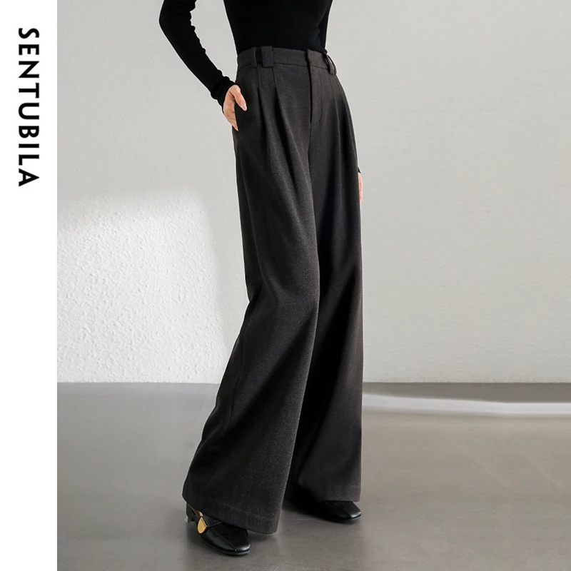 SENTUBILA Casual Loose Knit Pants Women 2024 Winter Cozy Folds Straight-leg Pants High-waist Work Business Trouser 144k56333