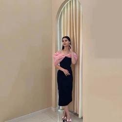 Customized Simple Black Jersey Straight Formal Evening Dress Pink Off the Shoulder Sleeveless Ankle Length Party Prom Gowns