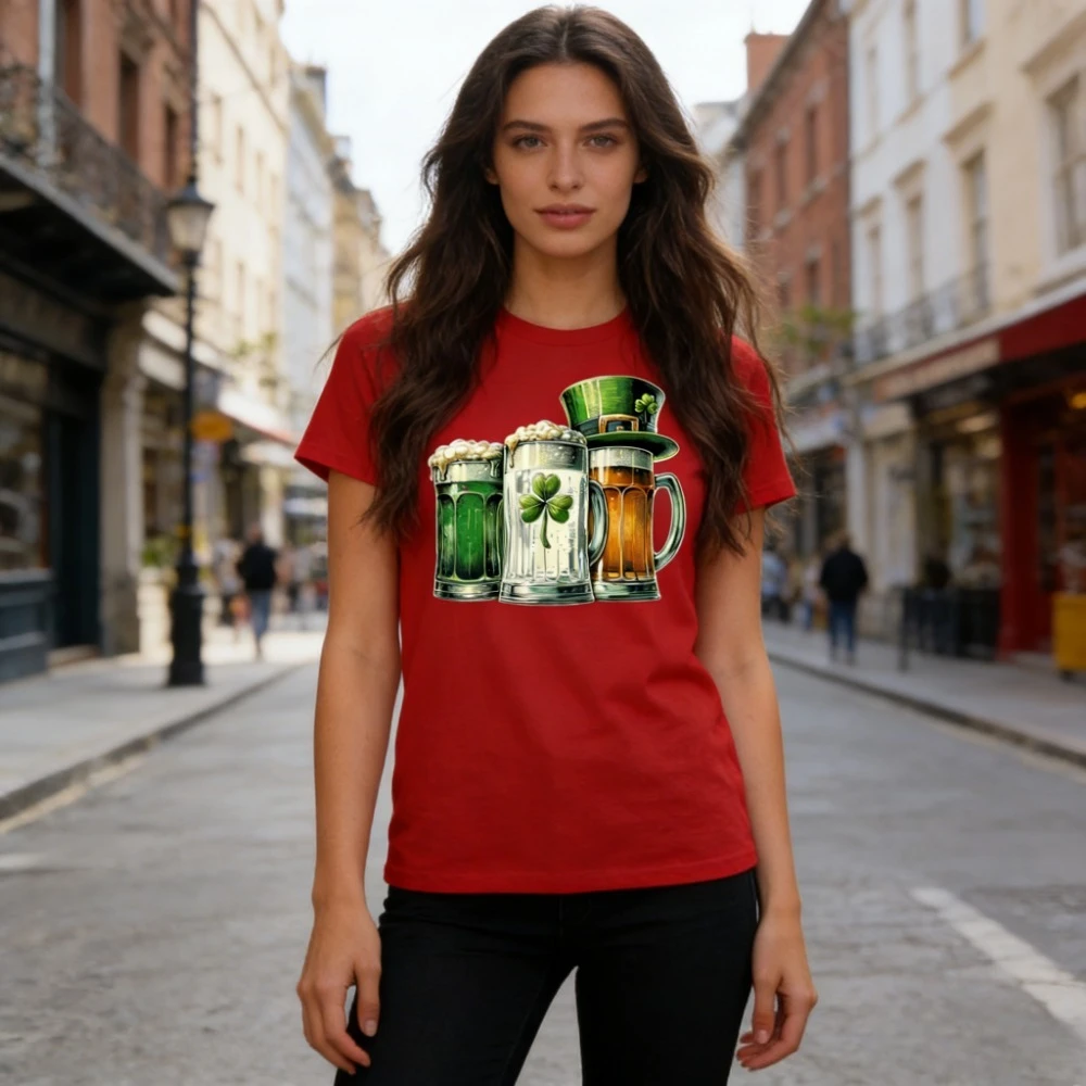 St. Patrick's Day Beer Mugs Leprechaun Hat Shamrock Graphic T-Shirt Irish Festival Casual Cotton Tops Men Women Holiday Outfit