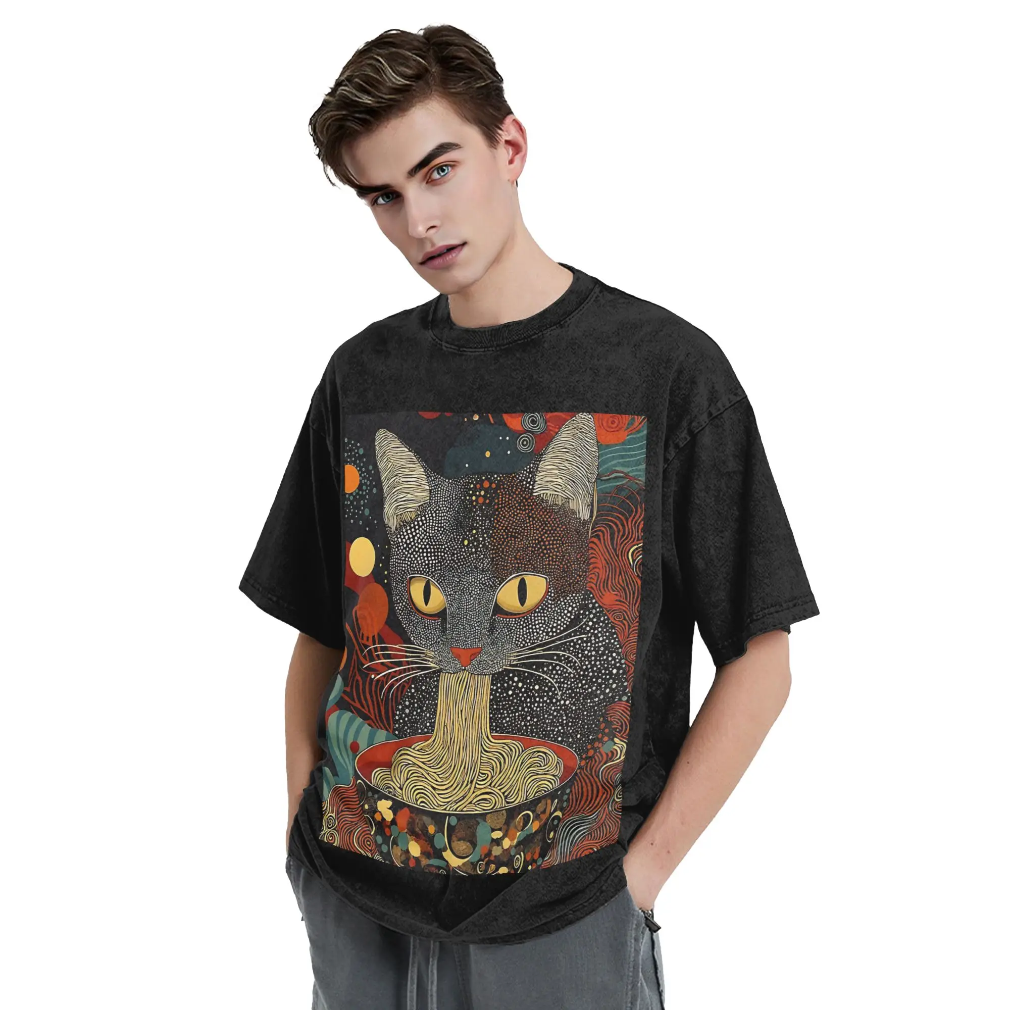 Yayoi Kusama Cat Ramen T Shirts Hip Hop Washed Oversize T-Shirt  Fashion for Men Women Tops Streetwear Printed Tops Tees