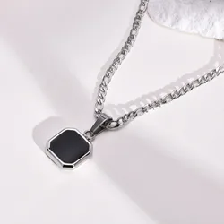 Black Square Necklaces for Men Boys,Stainless Steel Necklaces with Rope/Cuban/Figaro/Box Chain Collar,Stylish Jewelry Gifts