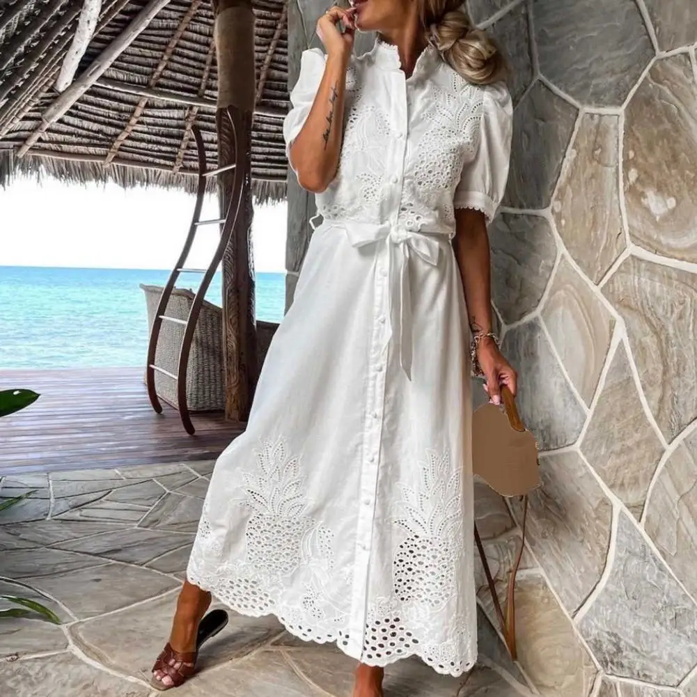 Maxi Dress Hollow Out Summer Embroidery Lace-up Long Dress Women Sundress for Daily Wear