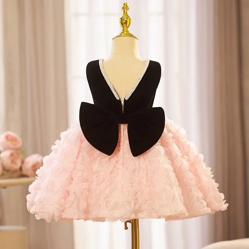 Children First Birthday Princess Dress Wedding Banquet Cute Flower Kids Fashion Pink Black Dresses School Prom Elegant Costumes