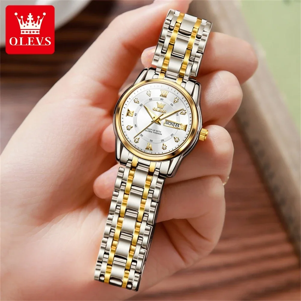 OLEVS Luxury Woman Watch Diamond Scale Dual Calendar Luminous Waterproof Stainless Steel Strap Watches Ladies Wristwatcheses