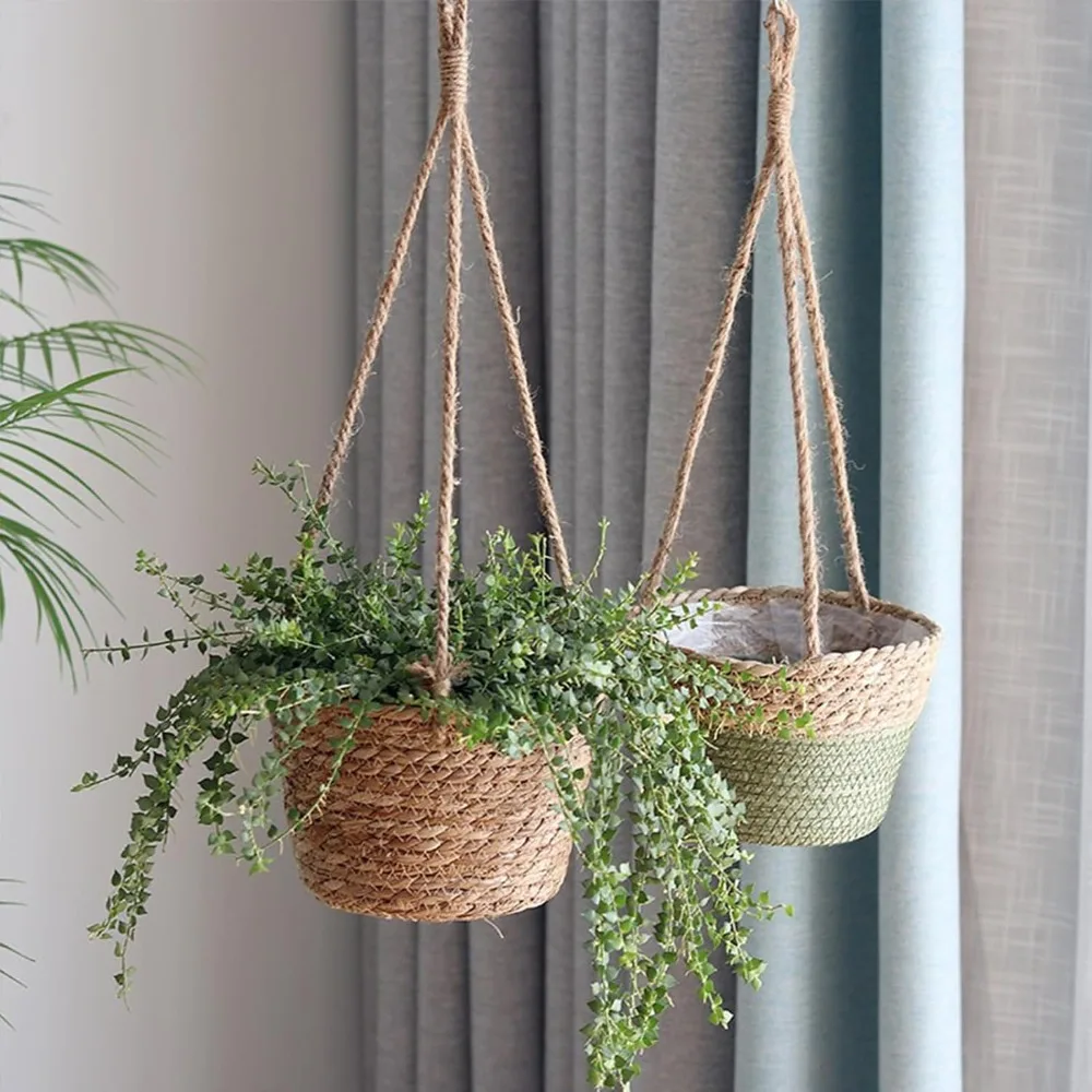 Hängender Blumentopfhalter in Rattanoptik für Innen- und Außenpflanzen, Garten, Terrasse, Veranda, Balkon, Decke, geflochtene Dekoration – Detail 1