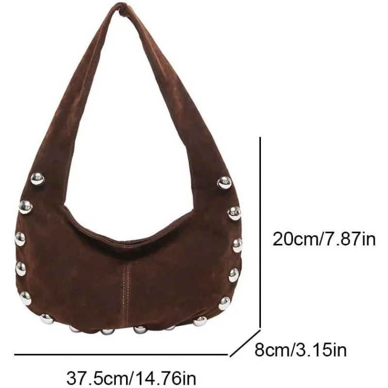 حقيبة يد نسائية من جلد الغزال المتشرد مرصعة بالكتف بلون سادة حقيبة يد عصرية للعمل والسفر والتسوق #6