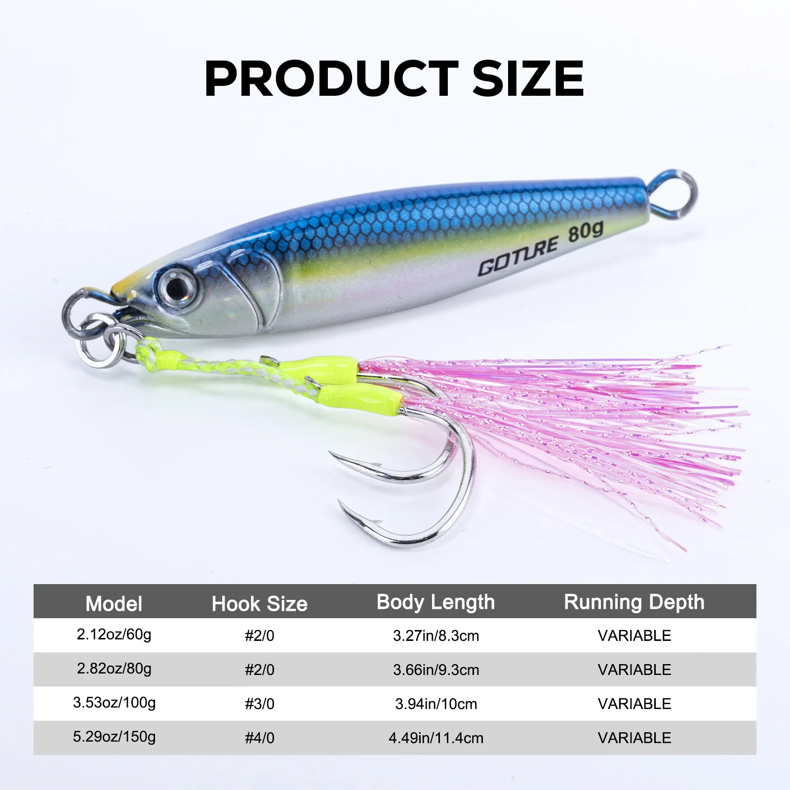 goture-5個入りメタルジグ-60g-80g-100g-150g-耐久性のある暗闇で光るバイオニックハードベイト、リアルなデザイン-完璧な海釣りアクセサリー