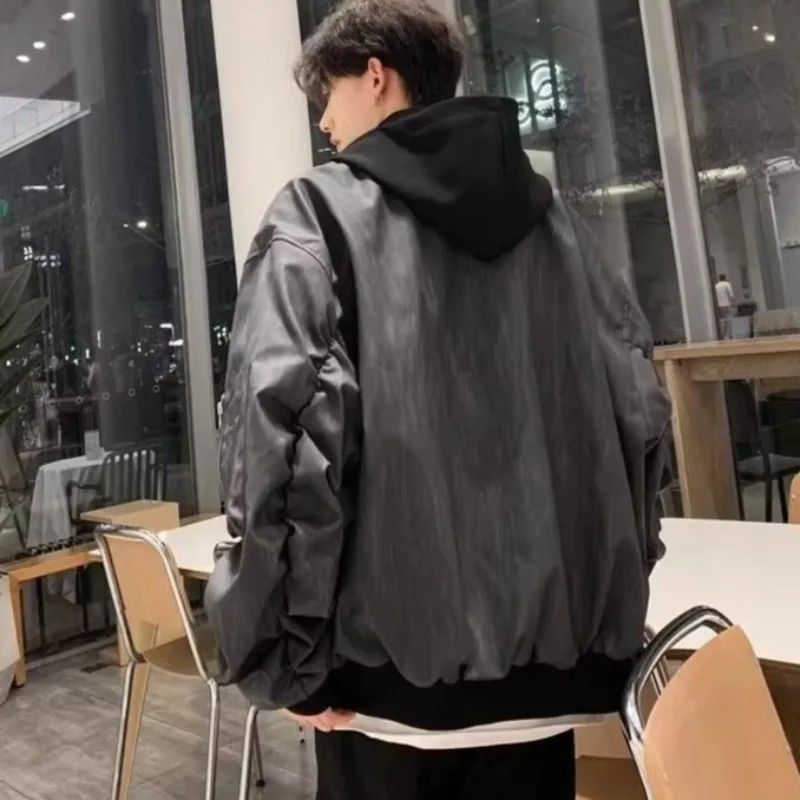 خمر بو الجلود Bomber سترة للرجال ربيع الخريف جاكت مزود بغطاء للرأس الشارع الشهير الجلود خندق Caots سترات واقية الرجال الملابس