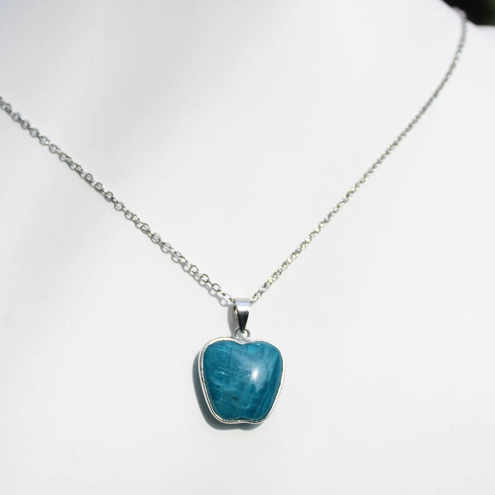 Unit One Piece Silver Plated Buckle With Natural Blue Apatite Crystal Healing Apple Necklace Pendant For Gift