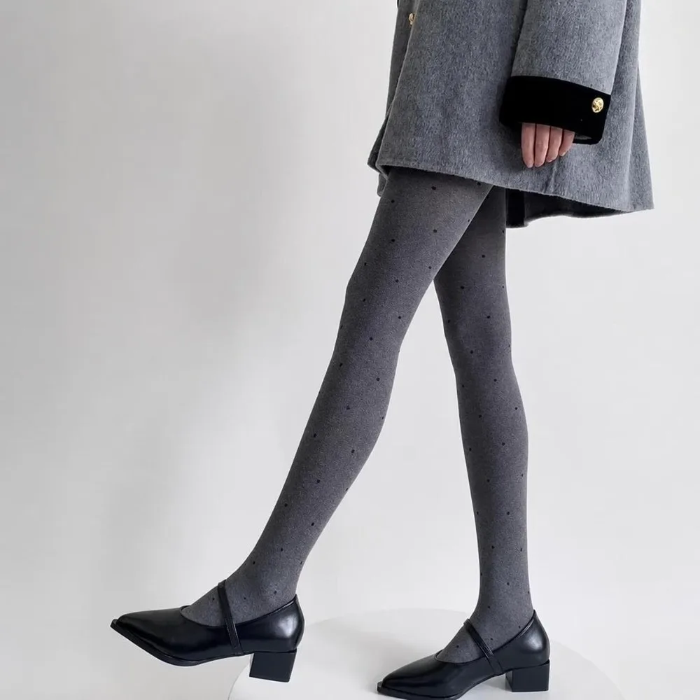 Grey Polka Dot Tights Polka Dot Heart Pattern Good Stretch Women's Winter Leggings Elastic Slim Fit Pantyhose Autumn & Winter