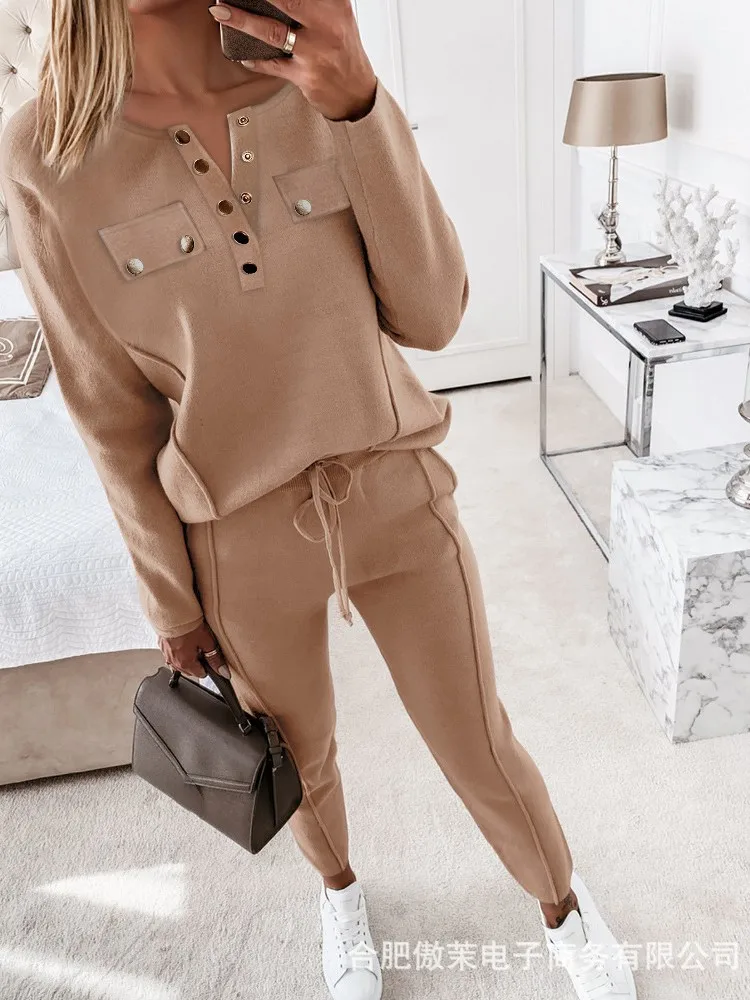 Autumn New T Shirt Long Sleeve O Neck Solid Color Casual Women\'s Suit Fashion Button Slim Simple Female Office Pants 2 Piece Set