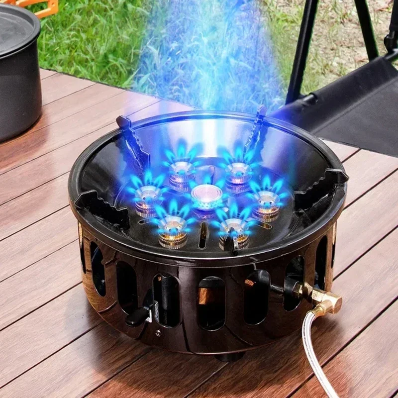 Camping Extra Large Power Gas Stove Fierce Fire 7 Headed Portable Oven Outdoor Cooking Wind Protection Heater Picnic Hike Gadget