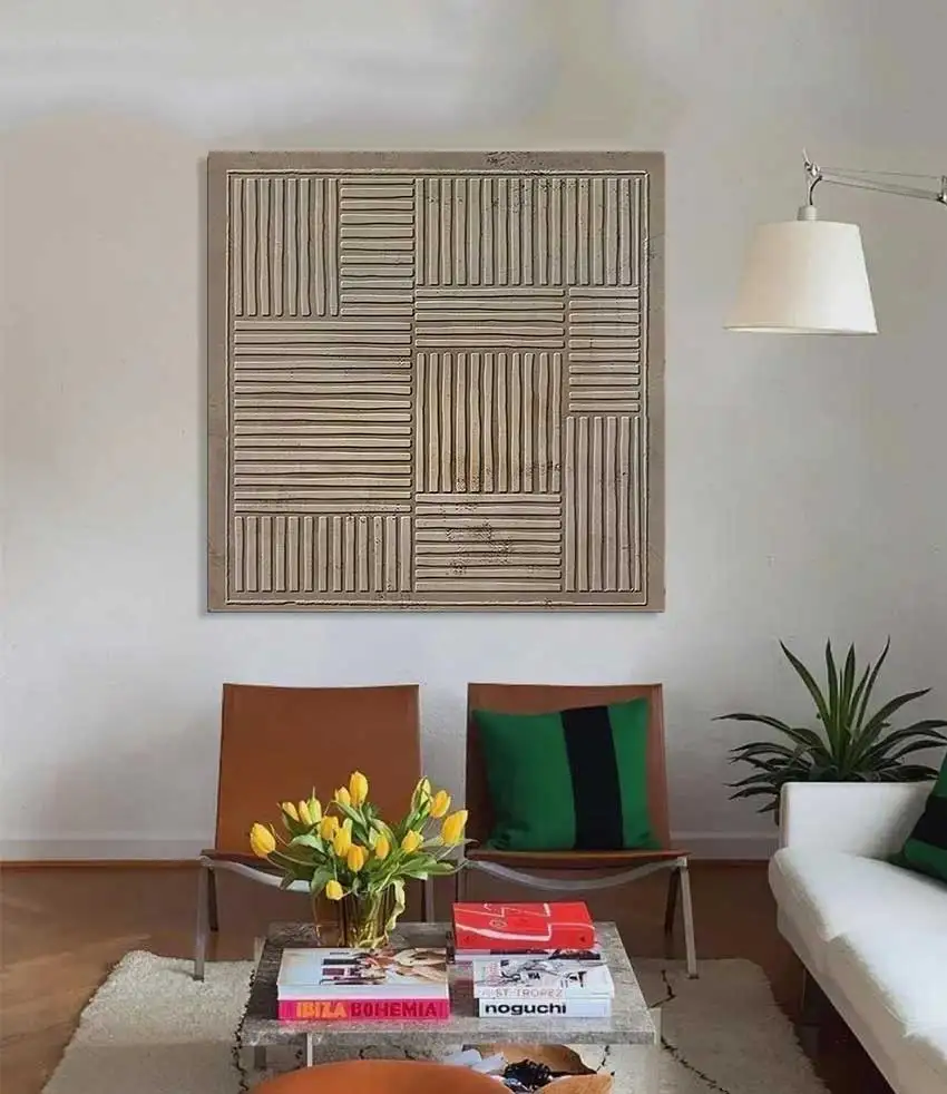 Large Beige 3D Minimalist Painting Textured Wall Art Neutral Plaster Wabi Sabi Boho