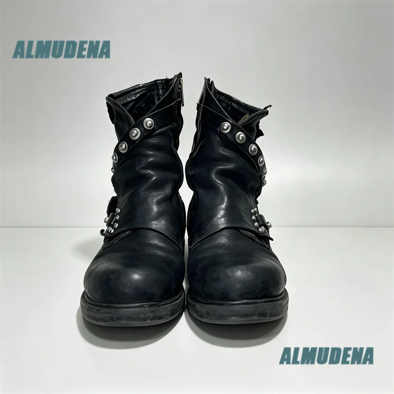 Men Studded Wrap Strap Motorcycle Boots Vintage Distressed Leather Round Toe Low Heel Punk Ankle Boots Autumn Men's Boots