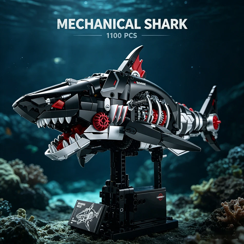 

Motorized Mechanical Shark Building Blocks with Spray Effect LED Simulated Swimming Bionic Animal Model Bricks Toys Kids Gifts
