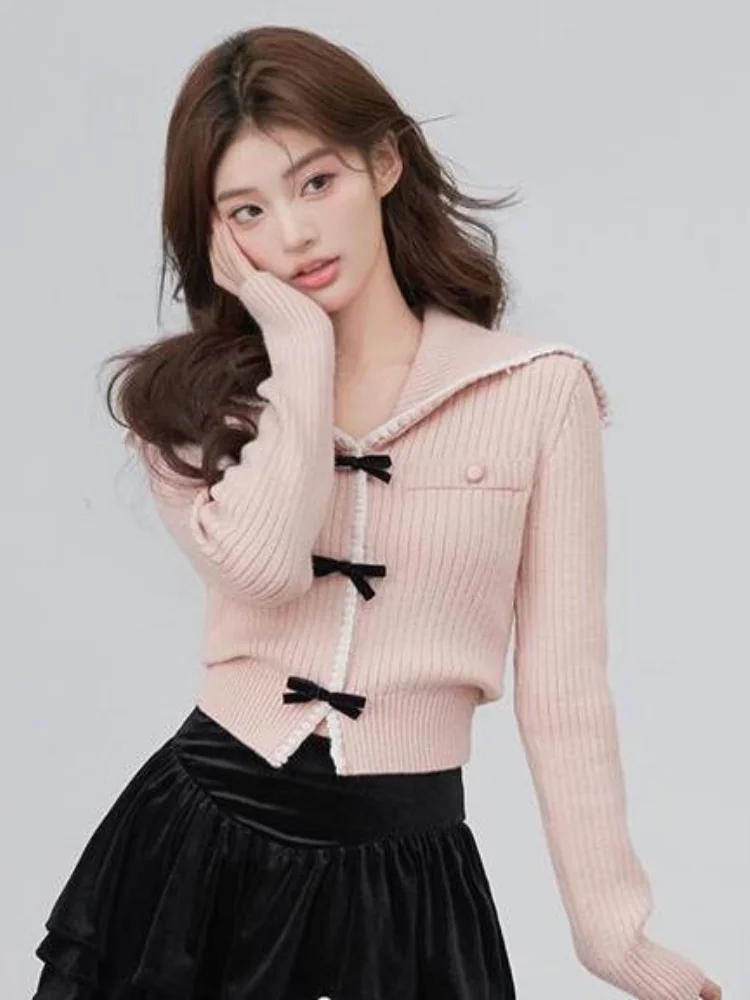 Deeptow Kawaii Pure Color Sailor Collar Bow Design Knitted Sweater Woman Slim Fit Sweet Cardigan Long Sleeve Knitted Coats Tops