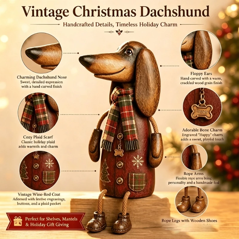 Christmas Decors Dog Statue Figurine Shelf Sitter with Aged-Look Finish, Check-Pattern Neck Wrap, and Seasonal Emblems for D2RD