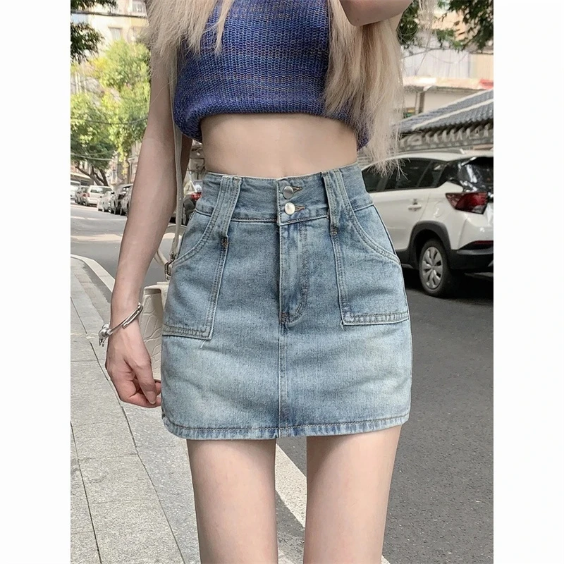 Retro high-waisted denim short skirt female 2024 summer new high-waisted thin loose anti-walking a word package hip skirt ins