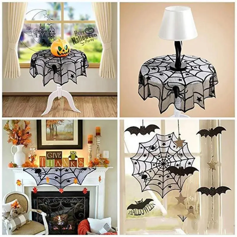 1/12/16PCS Halloween Decorations Tablecloth Black Lace Round Spider Cobweb Table Cover Fireplace Mantel Scarf Fireplace Scarf