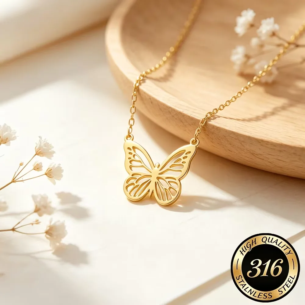 Butterfly Pendant Necklace - Openwork Butterfly Pendant Necklace Stainless Steel
