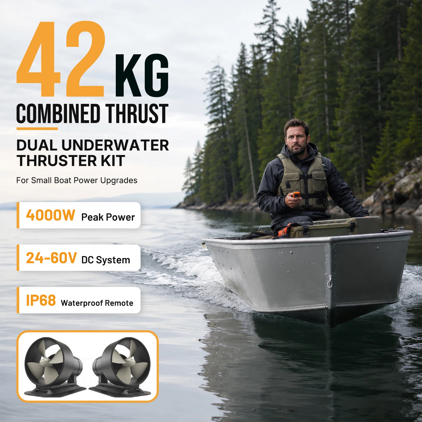 ApisQueen AQ1121 48V Dual Underwater Thruster Kit 42kg with Remote for Kayak Inflatable Fishing Boat Built-in FOC ESC IP68