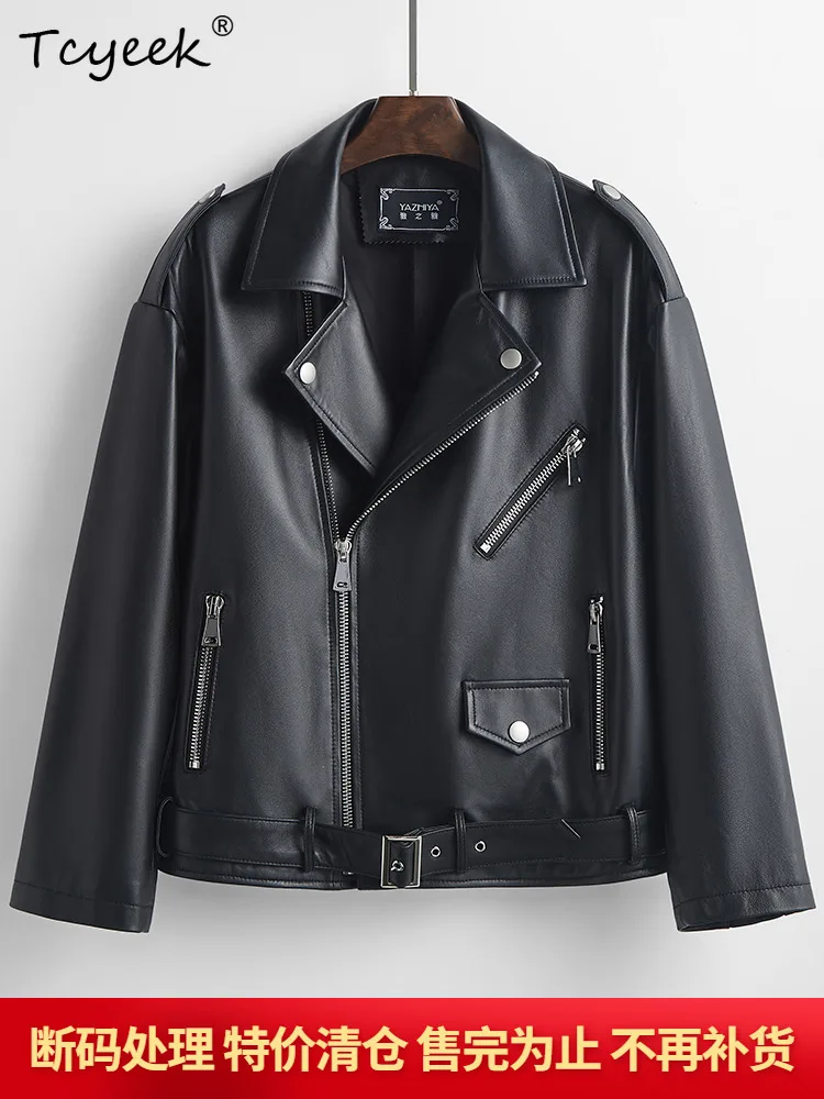 Tcyeek หนังแกะจริงผู้หญิงแจ็คเก็ตหนังฤดูใบไม้ผลิฤดูใบไม้ร่วงคอยาวแขนยาวสีดําสั้นเสื้อแจ็คเก็ตรถจักรยานยนต์ Chaqueta Cuero