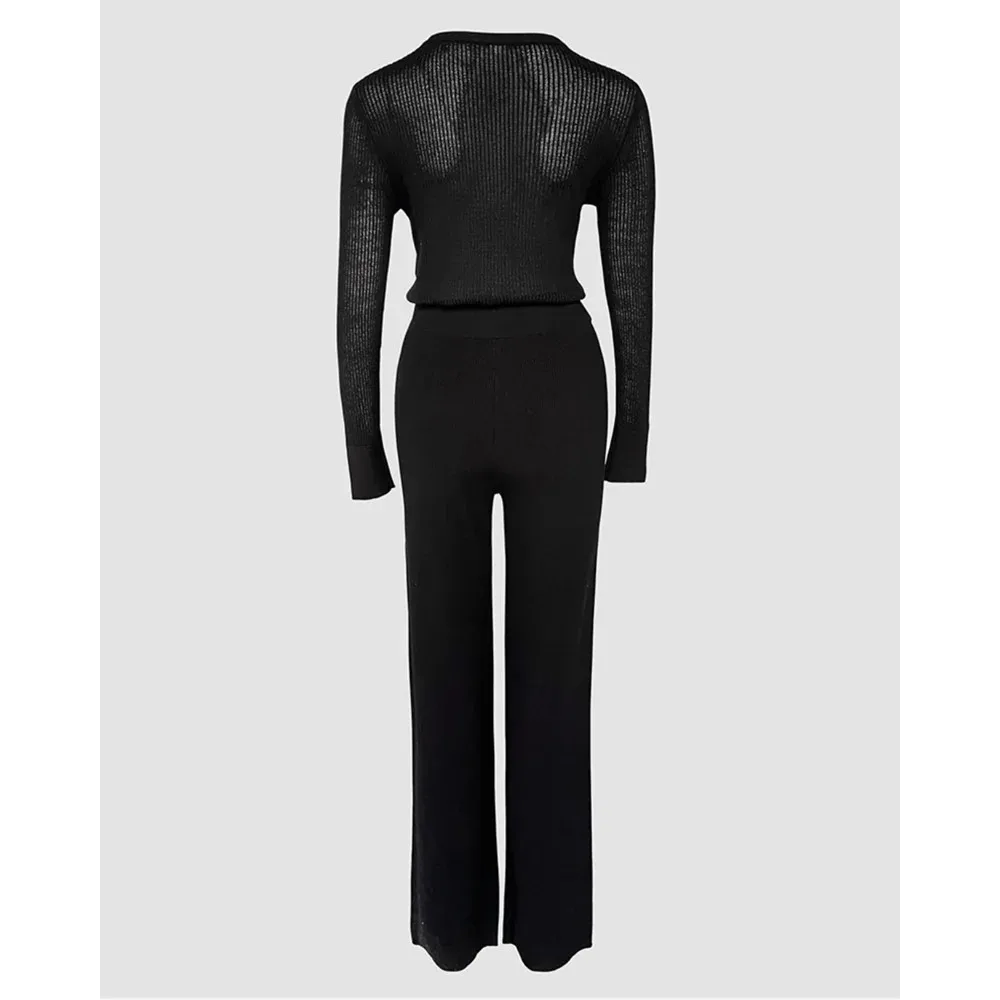 Autumn/Winter Elegant Two Pieces O Neck Vertical Pit Texture Top and Wide Leg Pants Casual Set Long Sleeve 2 Pices Set Outfits